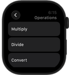 Pace Time operations screen on Apple Watch showing Multiply, Divide, and Convert