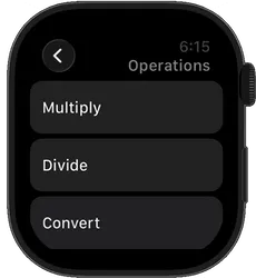 Pace Time operations screen on Apple Watch showing Multiply, Divide, and Convert